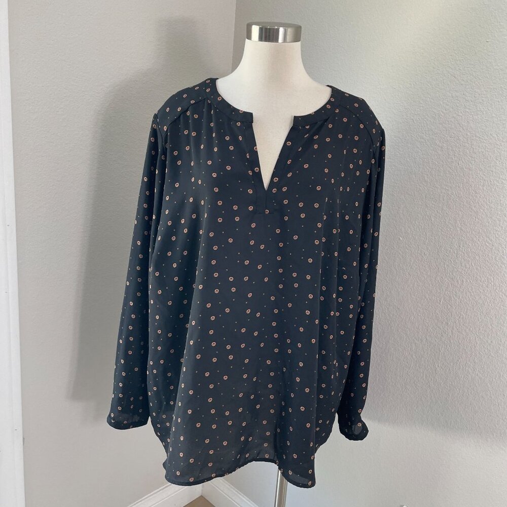 Pleione Womens‎ Plus 3X Blouse Polka Dot Long Sleeve Tunic Top Pleated Back